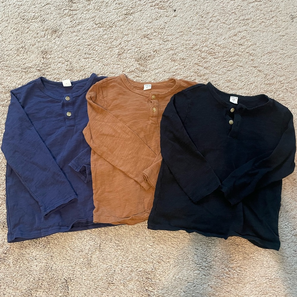 SHEIN Kids Long Sleeve Solid Henley Shirts - Navy, Tan, Black